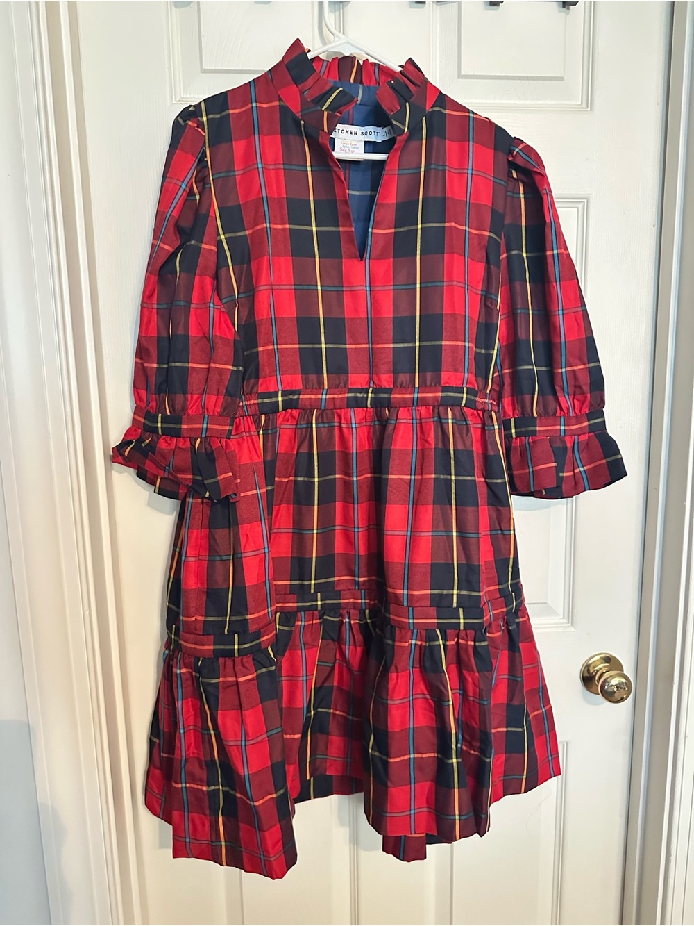 Gretchen Scott Designs Red, Black and Yellow Plaid Tiered Long Sleeve Dress